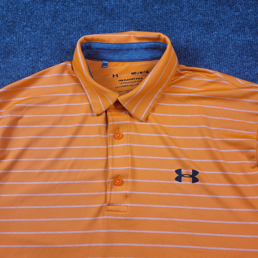 Under Armour The Playoff Polo Mens Medium Orange Striped Short Sleeve Golf Mediu
